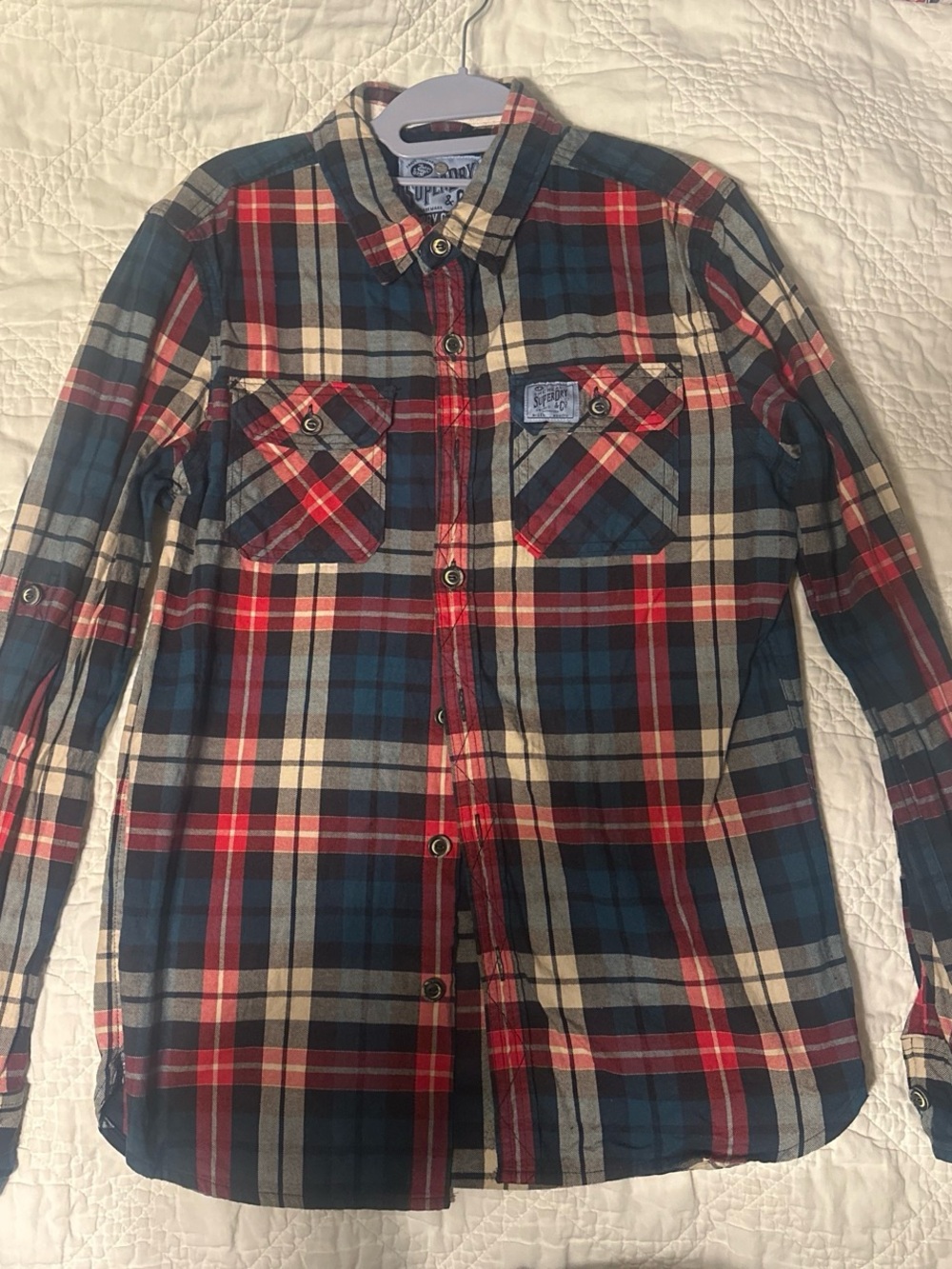 Men's SuperDry Plaid Button-Up Shirt - Red, Navy & Cream